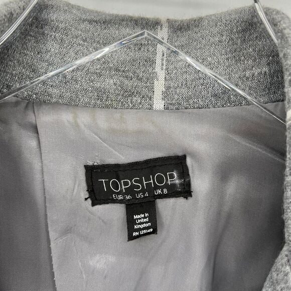 Topshop Gray Long Knit Blazer Jacket Windowpane Check Patch Pockets Size 4 - Picture 3 of 8